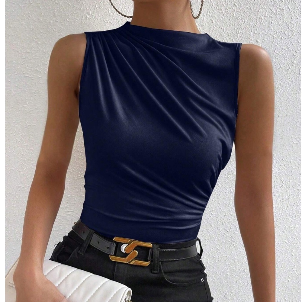Ruched Navy Blue Asymmetrical Sleeveless Shirt Top Stretchy
